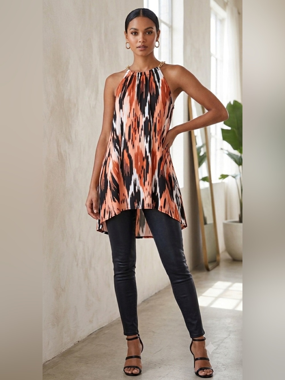 Michael Kors Abstract Brushstroke Tank Dress in Orange, Black & White